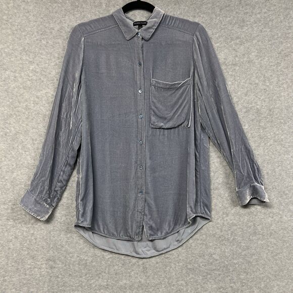 Eileen Fisher XS Blue Velvet Silk Blend Button Down Shirt Collared Blouse - Picture 1 of 10